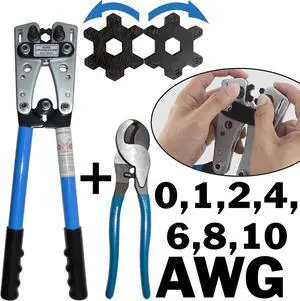 Battery Cable Lug Wire Crimper and Cable Cutter for 0, 1, 2, 4, 6, 8, 10 AWG - Professional Electrician Crimping Tool Kit