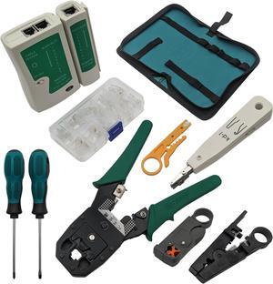 9-in-1 Network Toolkit with RJ45 Ethernet Crimping Tool, Krone Type Punch Down Tool, Networking Cable Tester, RJ45 Connectors, Wire Strippers, and Screwdrivers with Carrying Case