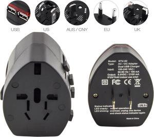 Travel Adapter USA, UK, EU, AUS/CNY Charger Power Plug Converter 2 USB Ports