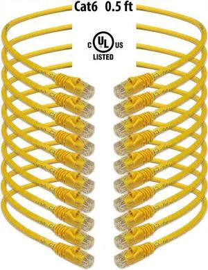 iMBAPrice Cat6 RJ45 Snagless Ethernet Patch Cable in Yellow Color 0.5 Feet (6 Inches) - 10 Pack