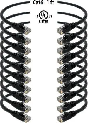 iMBAPrice (10 Pack) Black 1 Feet (1ft) Molded UTP Cat6 Ethernet Network Patch Cable RJ45 M/M