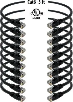 iMBAPrice (10 Pack) Black 3 Feet (3ft) Molded UTP Cat6 Ethernet Network Patch Cable RJ45 M/M