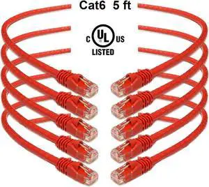 iMBAPrice 5 Feet Cat6 Cable - Premium Grade RJ45 Ethernet Snagless Patch Cord (Pack of 5) Red