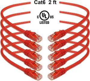 iMBAPrice 2 Feet Cat6 Cable - Premium Grade RJ45 Ethernet Snagless Patch Cord (Pack of 5) Red
