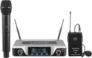 Boytone BT-104UM, UHF Wireless Microphone System, Dual fix Channel Handheld Dynamic Mics / Lapel /Headset / Body pack, for Home Party, Meeting, Wedding, Church, with Aluminum Carrying case, 110/220