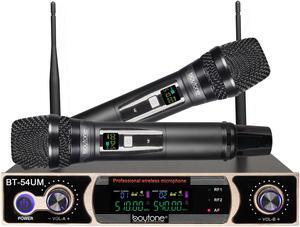 Boytone BT-54UM Dual Dynamic UHF Wireless Microphone System, Metal Cordless Mic and base Set, Long Distance 196Ft,16 Hours Continuous Use for Concert, Studio, Family Party, Church, Karaoke