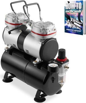 PointZero 1/3 HP Double Piston Airbrush Compressor with Air Tank, Regulator, Gauge and Water Trap - Quiet Professional Pump