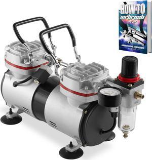 PointZero 1/3 HP Double Piston Airbrush Compressor with Regulator, Gauge and Water Trap - Quiet Professional Air Pump