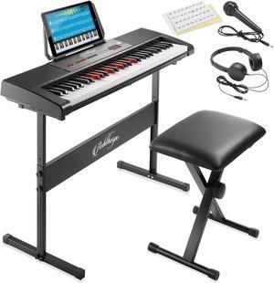 Ashthorpe 61-Key Digital Electronic Keyboard Piano with Light Up Keys, Includes Stand, Bench, Headphones, Mic and Keynote Stickers
