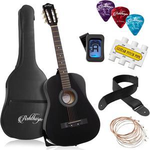 Ashthorpe 38-inch Beginner Acoustic Guitar Package (Black), Basic Starter Kit w/ Gig Bag, Strings, Strap, Tuner, Pitch Pipe, Picks