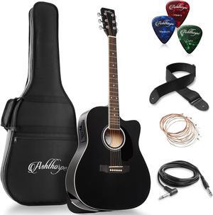 Ashthorpe Full-Size Dreadnought Cutaway Acoustic-Electric Guitar Bundle - Premium Tonewoods - Black
