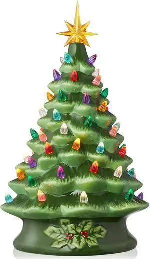 Casafield Hand Painted Ceramic Christmas Tree, Green 15-Inch Pre-Lit Tree with 128 Multi Color Lights and 2 Star Toppers
