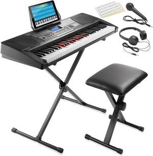 Ashthorpe 61-Key Digital Electronic Keyboard Piano with Light Up Keys, Beginner Kit Includes Stand, Stool, Headphones, Mic and Keynote Stickers