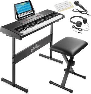 Ashthorpe 61-Key Digital Electronic Keyboard Piano, Beginner Kit with Stand, Bench, Headphones, Mic and Keynote Stickers