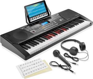 Ashthorpe 61-Key Digital Electronic Keyboard Piano with Light Up Keys, Beginner Kit Includes Headphones, Mic and Keynote Stickers