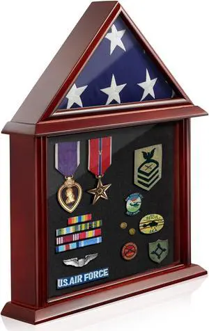 Reminded Flag and Certificate Shadow Box Display Case fits 3' x 5' Home Flown Flag, Solid Wood Mahogany Finish