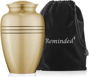 Reminded Adult Cremation Memorial Urn for Human Ashes, Gold with Black Stripe Brass Funeral Urn with Velvet Bag
