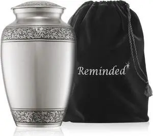 Reminded Cremation Memorial Urn for Human Ashes, Silver Adult Funeral Urn with Velvet Bag