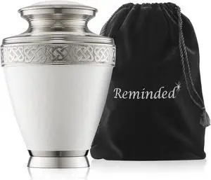 Reminded Cremation Memorial Urn for Human Ashes, Silver and White Adult Funeral Urn with Velvet Bag