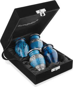 Reminded Small Cremation Urns for Human Ashes, Mini Keepsake Set of 4 Blue and Silver with Velvet Case