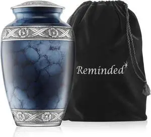 Reminded Cremation Memorial Urn for Human Ashes, Silver and Blue Adult Funeral Urn with Velvet Bag