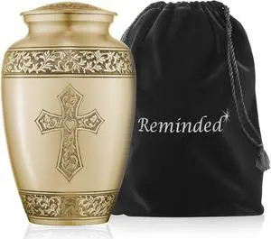 Reminded Adult Cremation Memorial Urn for Human Ashes, Gold Etched Cross Brass Funeral Urn with Velvet Bag