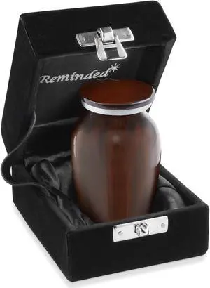 Reminded Small Cremation Memorial Urn for Human Ashes, Brown Mini Keepsake with Velvet Case