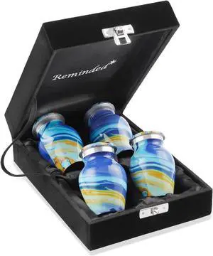 Reminded Small Keepsake Cremation Urns for Human Ashes, Set of 4 Blue Swirl Miniature Memorial Urns with Velvet Case and Bags