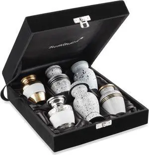 Reminded Small Keepsake Cremation Urns for Human Ashes, Set of 6 Silver and Gold Family Memorial Urns with Velvet Case and Bags