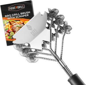 Pure Grill 3-in-1 Stainless Steel Bristle Free Mesh Wire Grill Brush and Scraper for Cleaning BBQ Grates