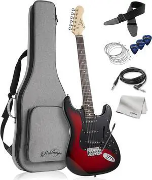 Ashthorpe 39-Inch Electric Guitar (Red-Black), Full-Size Guitar Kit with Padded Gig Bag, Tremolo Bar, Strap, Strings, Cable, Cloth, Picks