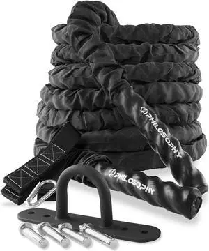 Philosophy Gym 50 Foot Exercise Battle Rope 1.5 Inch Diameter with Cover and Anchor Kit