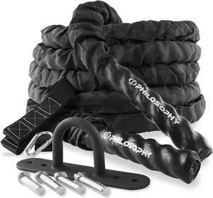 Philosophy Gym 30 Foot Exercise Battle Rope 2 Inch Diameter with Cover and Anchor Kit