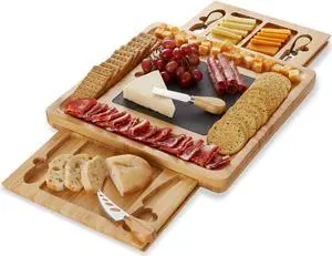 Casafield Charcuterie Board Gift Set, Bamboo Cheese Board with Slate Cheese Plate and Knives, Wooden Serving Platter for Housewarming, Wedding, Birthday