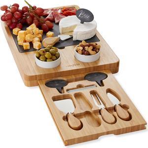 Casafield Charcuterie Boards, Large Bamboo Cheese Board and Cutlery Set - Gifts for Women, House Warming, New Home, Wedding - Wooden Serving Tray with Cheese Plate, 2 Bowls, Cheese Knives, and Labels