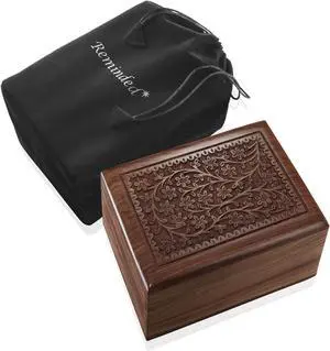 Reminded Rosewood Hand-Carved Floral Urn Box - Cremation Memorial with Velvet Bag - Medium