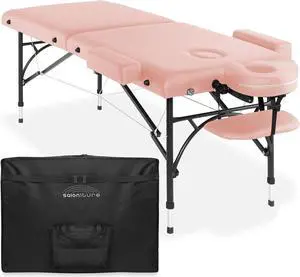 Saloniture Professional Portable Lightweight Bi-Fold Massage Table with Aluminum Legs - Includes Headrest, Face Cradle, Armrests and Carrying Case - Pink