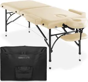 Saloniture Professional Portable Lightweight Bi-Fold Massage Table with Aluminum Legs - Includes Headrest, Face Cradle, Armrests and Carrying Case Cream Saloniture Professional Portable Lightweight Bi-Fold Massage Table with Aluminum Legs - Includes Headrest, Face Cradle, Armrests and Carrying Case Cream