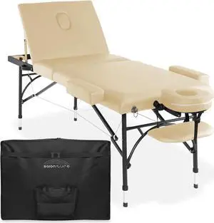 Saloniture Professional Portable Lightweight Tri-Fold Massage Table with Aluminum Legs - Includes Headrest, Face Cradle, Armrests and Carrying Case, Cream