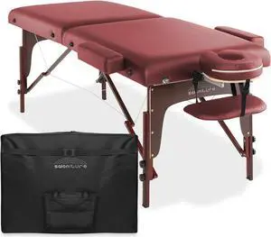Saloniture Professional Portable Lightweight Bi-Fold Memory Foam Massage Table with Reiki Panels  - Includes Headrest, Face Cradle, Armrests and Carrying Case - Burgundy