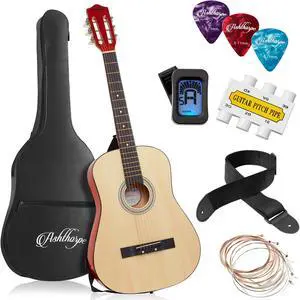 Ashthorpe 38-inch Beginner Acoustic Guitar Package (Natural), Basic Starter Kit w/ Gig Bag, Strings, Strap, Tuner, Pitch Pipe, Picks