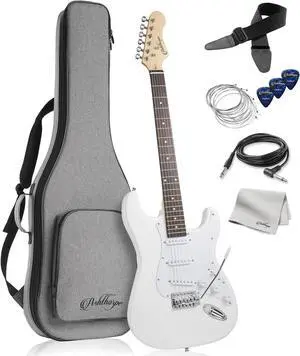Ashthorpe 39-Inch Electric Guitar (White-White), Full-Size Guitar Kit with Padded Gig Bag, Tremolo Bar, Strap, Strings, Cable, Cloth, Picks