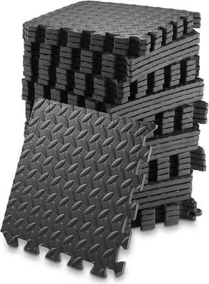 Philosophy Gym Pack of 36 Exercise Flooring Mats - 12 x 12 Inch Foam Rubber Interlocking Puzzle Floor Tiles - Black