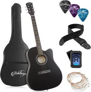 Ashthorpe 41-inch Beginner Cutaway Acoustic Guitar Package (Black), Full Size Basic Starter Kit w/ Gig Bag, Strings, Strap, Tuner, Picks