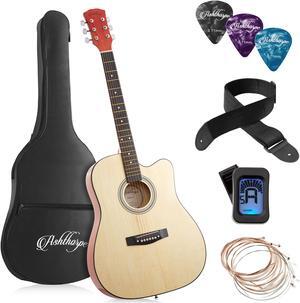 Ashthorpe 41-inch Beginner Cutaway Acoustic Guitar Package (Natural), Full Size Basic Starter Kit w/ Gig Bag, Strings, Strap, Tuner, Picks