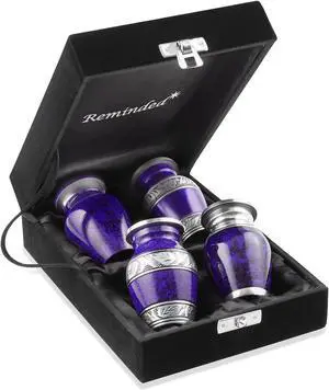 Reminded  Small Cremation Keepsake Urns for Human Ashes, Set of 4 Purple and Silver Miniature Urns with Velvet Case and Bags