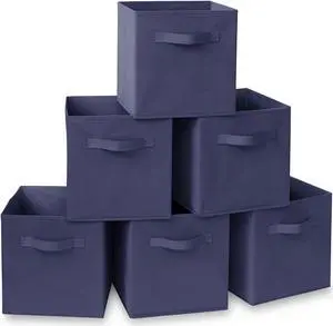Casafield Set of 6 Collapsible Fabric Cube Storage Bins, Navy Blue - 11" Foldable Cloth Baskets for Shelves, Cubby Organizers & More