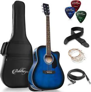 Ashthorpe Full-Size Dreadnought Cutaway Acoustic-Electric Guitar Bundle - Premium Tonewoods - Blue