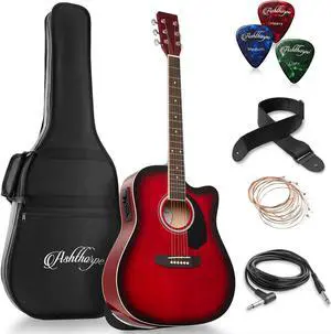 Ashthorpe Full-Size Dreadnought Cutaway Acoustic-Electric Guitar Bundle - Premium Tonewoods - Red