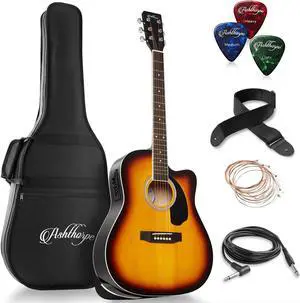 Ashthorpe Full-Size Dreadnought Cutaway Acoustic-Electric Guitar Bundle - Premium Tonewoods - Sunburst
